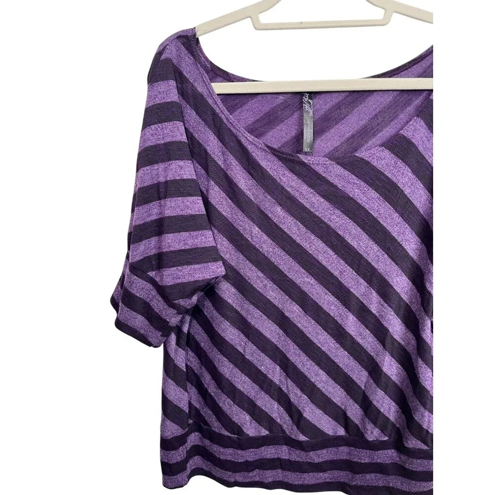 Andrea Purple Striped Top Womens Knit Shirt Dolman Short Sleeve Plus Size 3X - Picture 3 of 16